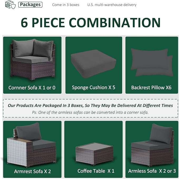 6 PCS Outdoor Patio Furniture Set,Outdoor Sectional Furniture All Weather PE Rattan Wicker Patio Conversation Set with Coffee Table and 5 Thickened Cushions,Grey