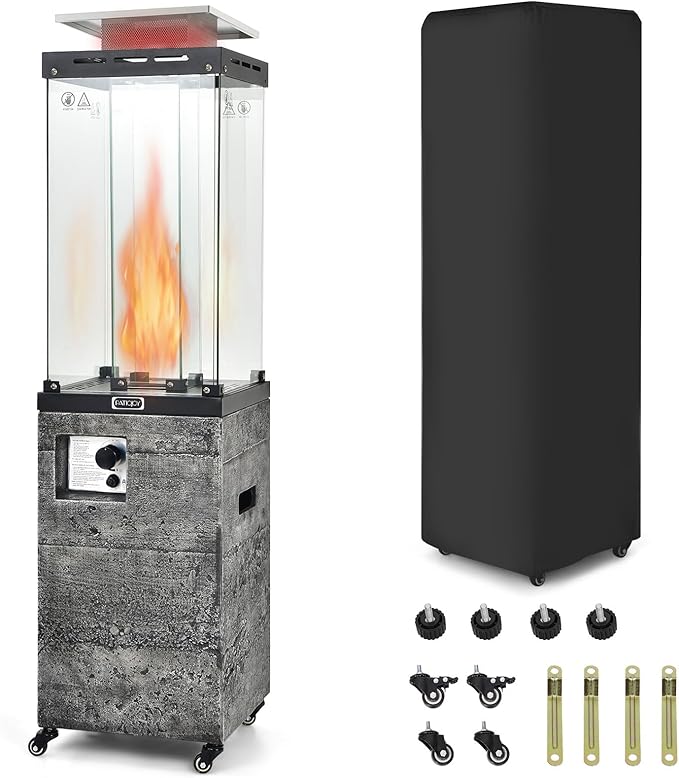 Tangkula 41,000 BTU Propane Patio Heater with Waterproof Cover, Outdoor Heater with Lockable Wheels, Adjustable Feet, Tempered Glass Tube, Suitable for Garden Porch Patio Deck