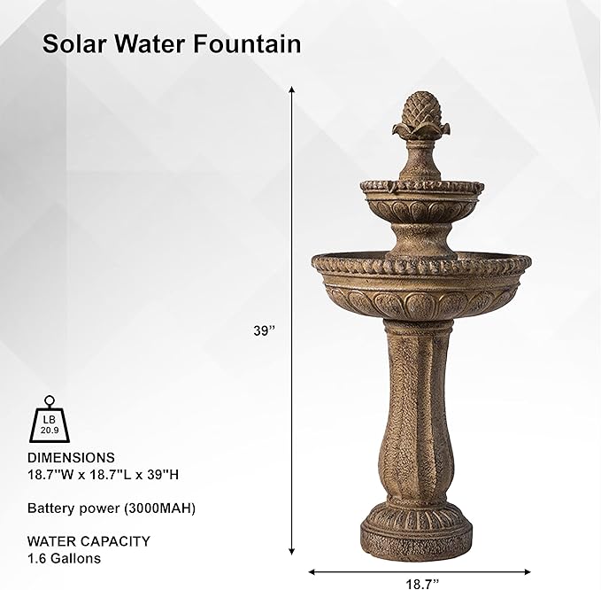 XBrand 39" Solar Water Fountain, 2-Tier Outdoor Sand Stone Resin with Solar Panel & Pump for Home Garden Yard Decor
