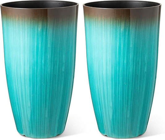 Glitzhome 23.5" H Tall Outdoor Planter, Set of 2 Large Tall Planters with Gradient Turquoise Faux Ceramic Finish, Large Flower Pots for Porch Garden Patio Indoor All Season Decor,with Drainage Holes