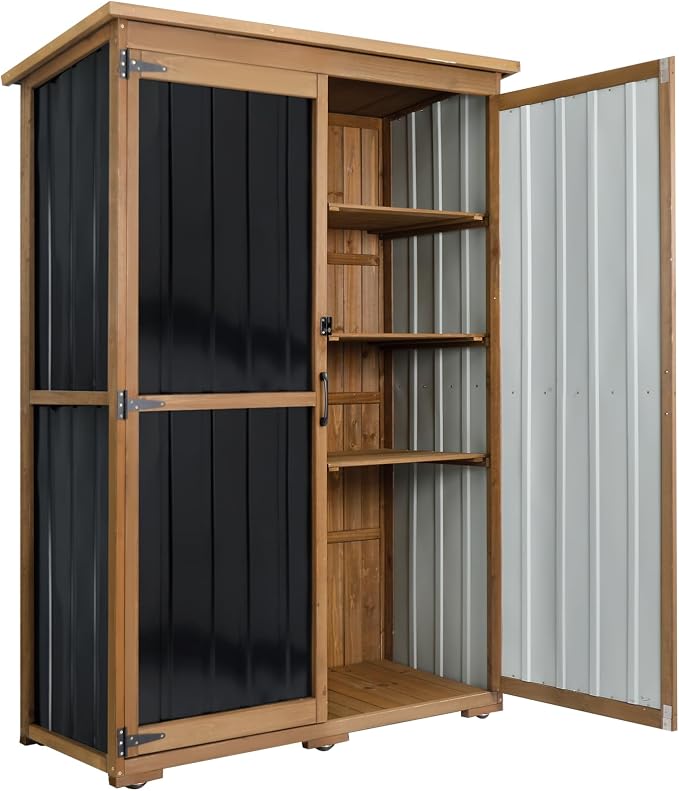 Outdoor Storage Cabinet Waterproof with Shelves, Outdoor Storage Shed Garage Cabinet Weatherproof, Wood & Metal Outside Patio Backyard Garden Pool Storage Tool Organizer - Image 8