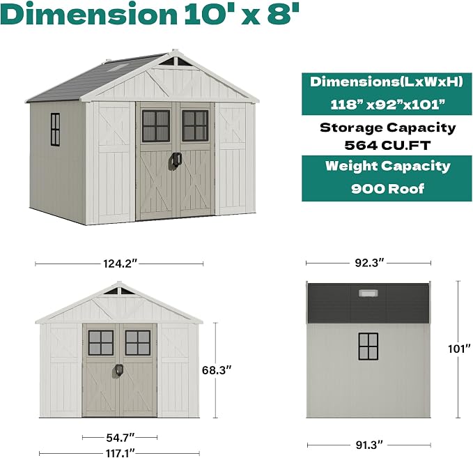 Devoko 10x8 FT Resin Outdoor Storage Shed with Floor, Plastic Tool Garden Shed with Windows & Lockable Door, Outside Large Storage Shed for Patio Backyard Lawn, Beige - Image 2