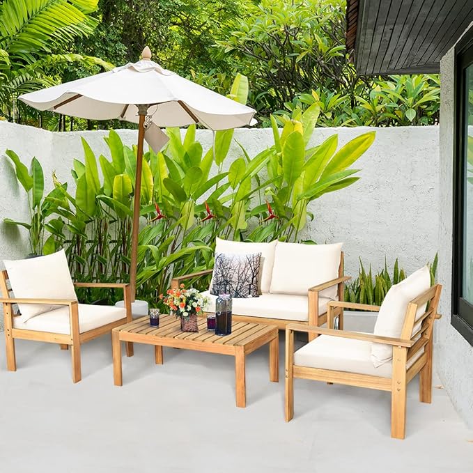 Tangkula Outdoor 4-Piece Acacia Wood Chat Set, 4 Seater Acacia Wood Conversation Sofa and Table Set with Water Resistant Cushions, Teak Finished (1, White)