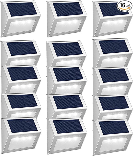 JSOT Solar Fence Lights - 16 Pack Solar Light Outdoor for Deck Stair Step-Cold White-16Pack