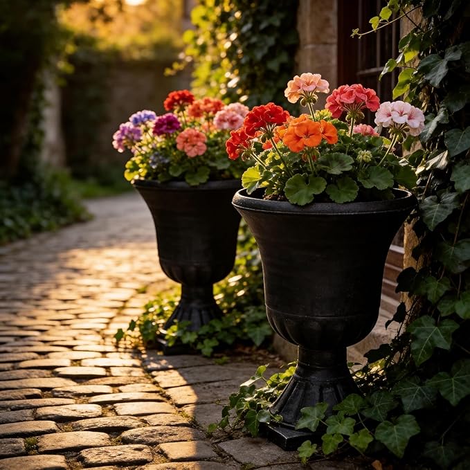 22" Tall Plastic Urn Planters Set of 2, 3D Textured Washed Black Finish Pedestal Plant Pots, Weather-Resistant Large Flower Pots for Front Porch, Patio, Garden & Indoor Use