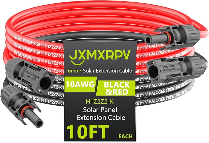 Solar Cable Extension 10Ft 10AWG, Solar Wire with Tool-Free Solar Connectors, Waterproof Solar Panel Extension Cable 6mm², PV Cable 10Gauge for Home Boat RV Solar Panels(10ft) by JXMXRPV