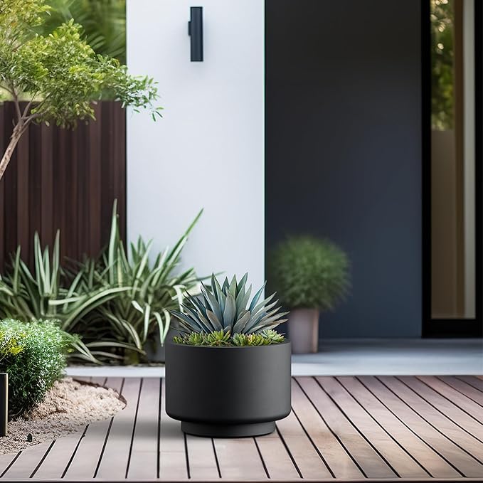 Kante 12.6 Inch Dia Concrete Planter, Round Pedestal Design Garden Pot for Indoor Outdoor Plants, Modern Flower Pot with Drainage Hole and Rubber Plug, Black