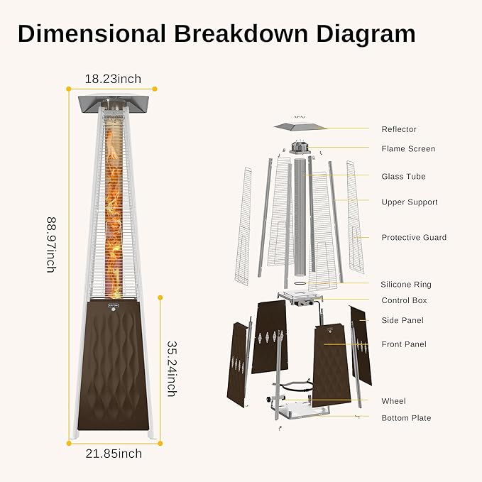 EAST OAK Pyramid Patio Heater, 48,000 BTU Outdoor Heater, Quartz Glass Tube Propane Heater for Commercial & Residential, Triple Protection System With Wheels, 2024 Bronze