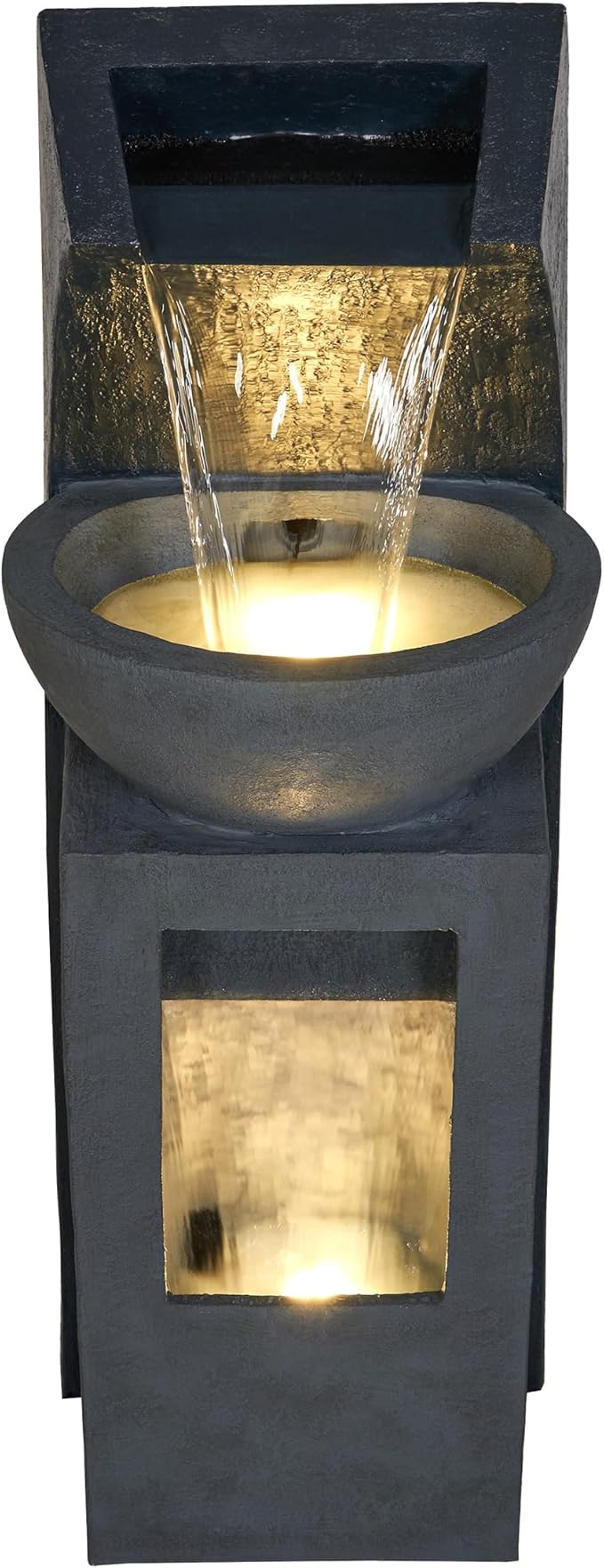 Alpine Corporation 41" Tall Outdoor Basin Waterfall Floor Fountain with LED Lights for Garden, Patio, Lawn and Backyard Decor, Gray