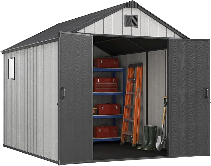 Jocoevol Outdoor Storage Shed, 8x10FT Resin Shed with Floor/Windows/Lockable Door/Vents, 15mm Thickened Heavy Duty All-Weather Garden Tool Shed for Backyard, Patio, Lawn, Gray by JOCOEVOL