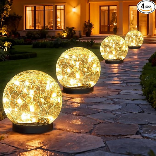 Solar Garden Lights Outdoor Waterproof, 4 Pack 30 LEDs Cracked Glass Ball Light, Ground Landscape Garden Decor, Solar Globe Decorative for Pathway/Patio/Lawn/Yard (Warm White, 3.9")