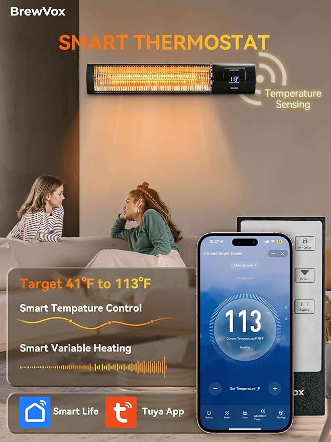 1500W Carbon Infrared Electric Outdoor Patio Heater with Thermostat, Horizontal & Vertical, Smart App-Controlled Scheduling & Remote On/Off, IP65 Weatherproof, Overheat Protection, 24H Timer