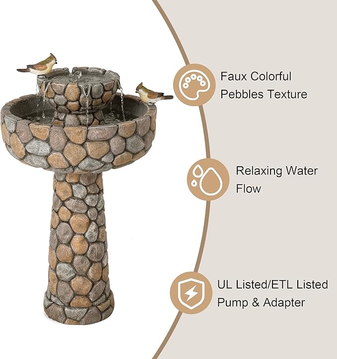 Glitzhome Water Fountain Outdoor with Birds Decor, 24.4”H 2-Tier Bird Bath Outdoor Fountain with Pump, Freestanding Garden Waterfall Fountains Water Feature