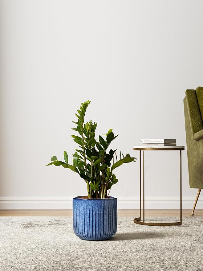 LE TAUCI Fluted Ceramic Plant Pots, 8.3/7/6 Inch Indoor Planters with Drainage Holes & Mesh, Modern Glossy Glaze Cylinder Flower Pot for Snake Plant, Set of 3, Harbor Blue