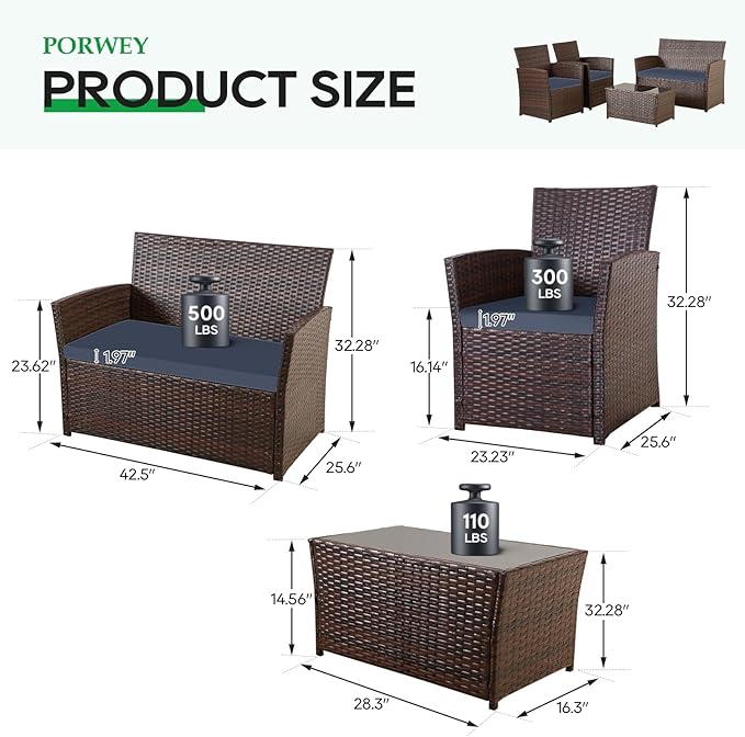 Patio Outdoor Furniture 4 Pieces Sectional Sofa Set Balcony Furniture Wicker Rattan Chairs with Table and Loveseat for Garden, Porch, Backyard, Brown Wicker/Blue Cushion