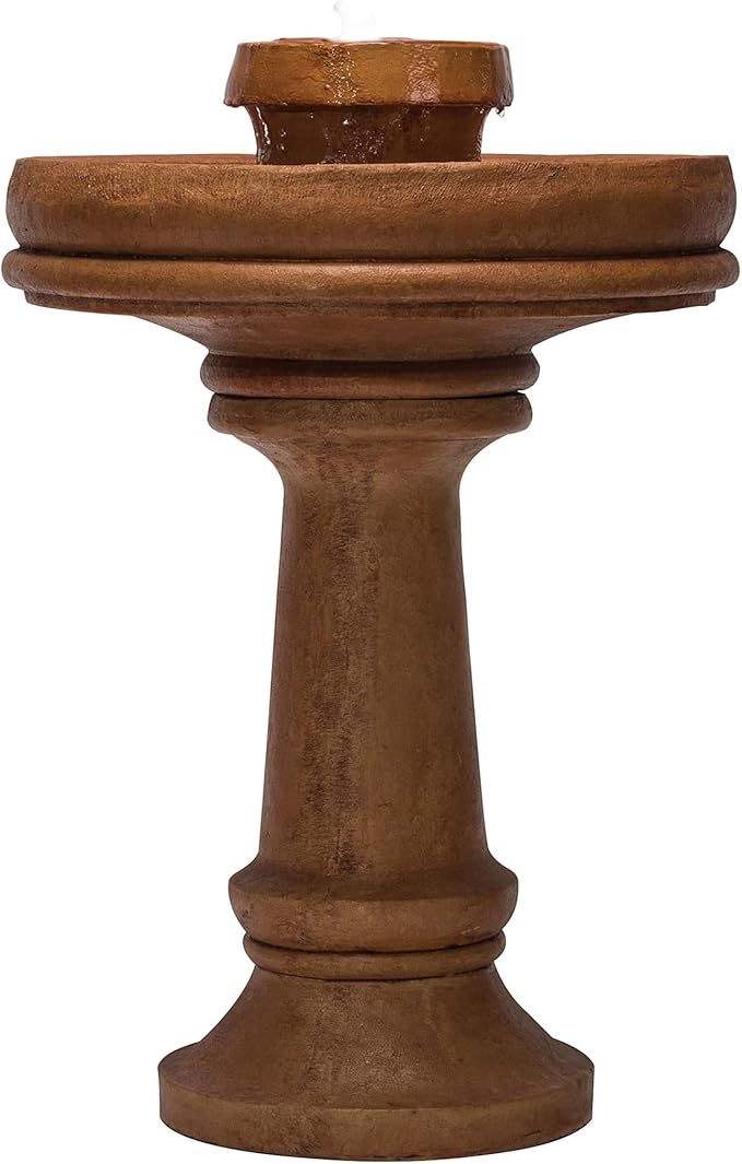 Alpine Corporation TZL202 Outdoor Floor Vintage Pedestal Water Fountain with Bird Bath and LED Lights, 29", Brown