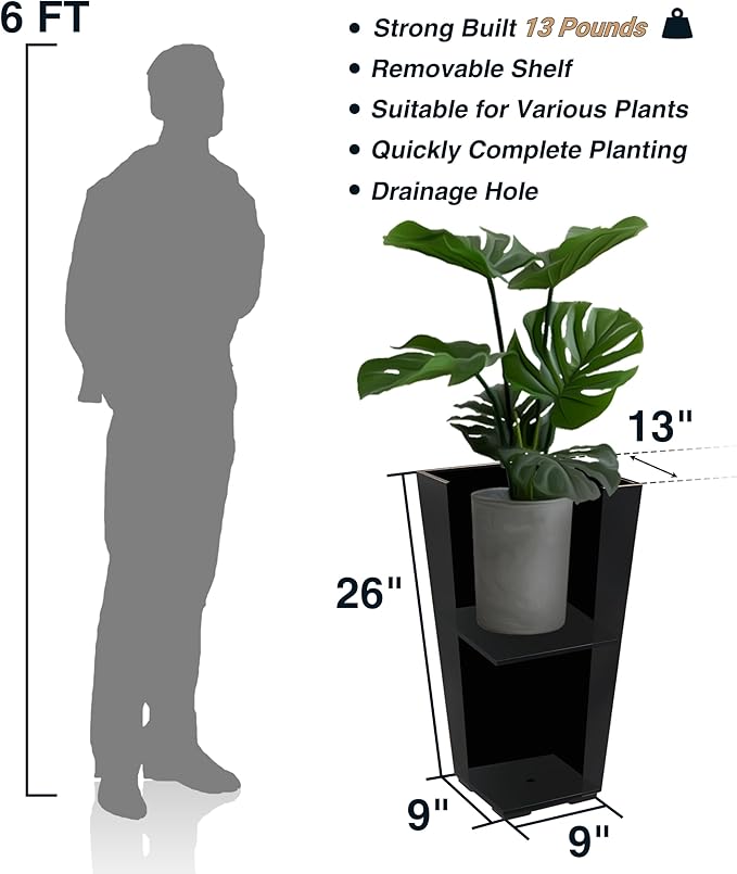 Wallowa Metallic Taper Planter, 26 Inch Tall Tapered Planter for Front Porch, Patio, Deck, Garden Indoor/Outdoor Tree Planters, Set of 2 Black with Copper Hand Brushed Rim