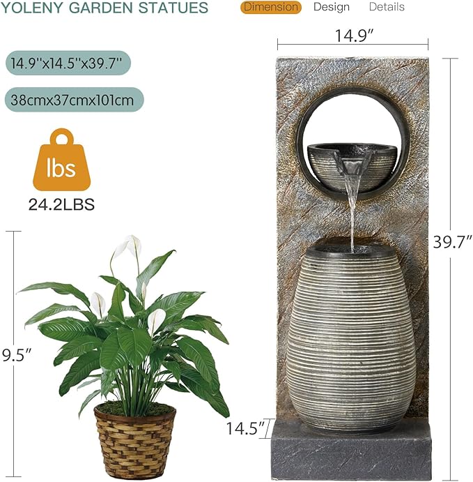 YOLENY Tall Outdoor Fountain with LED Lights, 39.7'' H Water Fountain Modern, Outdoor Freestanding Fountains for Garden Yard Home Decor
