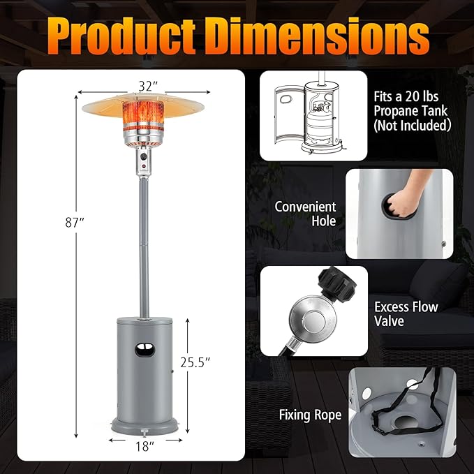 Giantex 50,000 BTU Propane Outdoor Heater, Patio Heater w/Round Table Design, Stainless Steel Burner, Tip-Over & Flame-Out Protection, Propane Heater w/Wheels for Backyard, Garden, Commercial (Grey)
