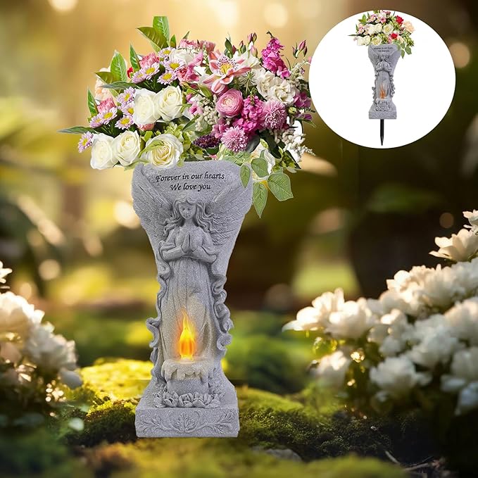 Cemetery Commemorative Gift - Garden Angel Statue with Solar Lights and Vases, Prayer Angel Vase,Angel Garden Statues Outdoor Decor, Tomb Cemetery Decoration