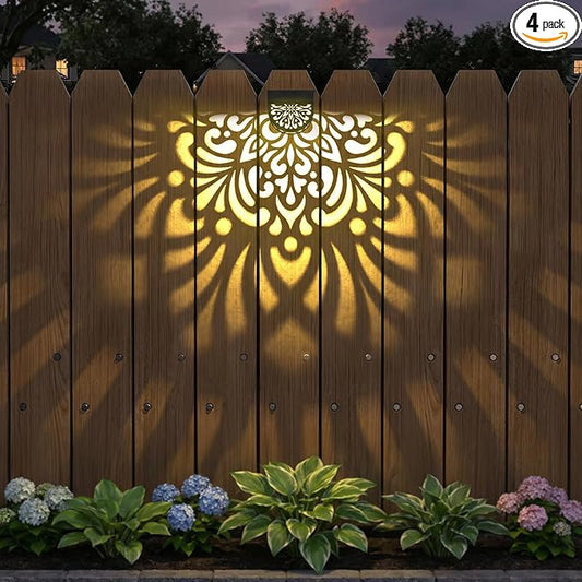 4 Pack Solar Fence Lights Outdoor Wall Lights Plastic Solar Powered Deck Step Stair Lights Mandala Theme Waterproof Fence Solar Light for Garden Post Patio Yard Decor, Gardening Gifts for Women Mom