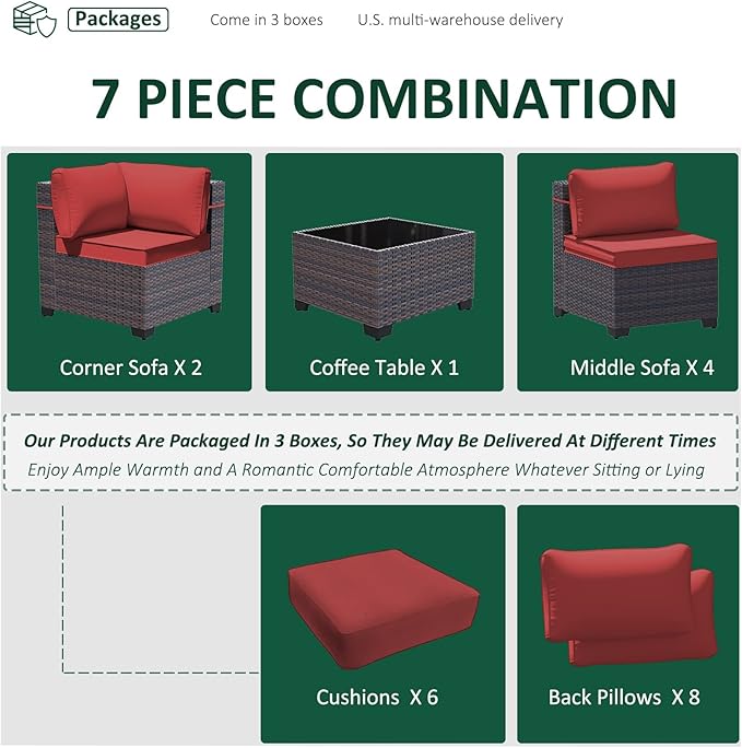 7 Pieces Outdoor Patio Furniture Set,Outdoor Sectional Furniture All Weather PE Rattan Wicker Patio Conversation Set with Coffee Table and 6 Thickened Cushions,Red
