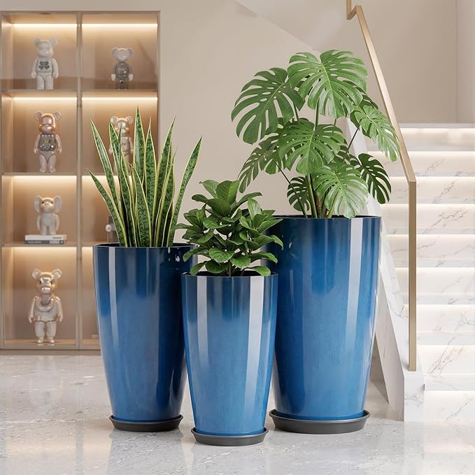 QCQHDU 24, 21, 18 inch Tall Planters for Outdoor Plants, with Drainage Hole & Saucer, Set of 3 Tall Outdoor Planter for Indoor & Outdoor Plants, Modern Home Decor