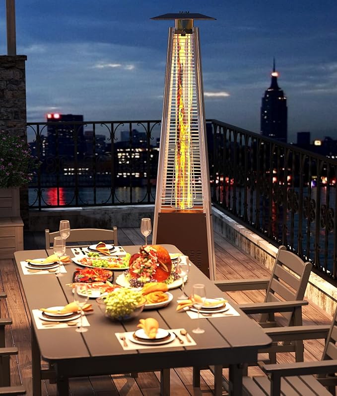 48,000 BTU Pyramid Patio Heater, Outdoor Propane Patio Heater with Detachable Wheels and Protective Cover, Triple Safety Protection Propane Heaters for Terrace, Garden, Hammered Bronze