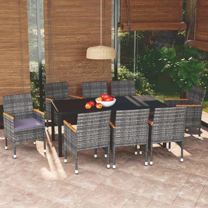9 Piece Patio Dining Set with Cushions, Front Porch Furniture Porch Furniture Set Patio Conversation Set Sectional Sofa for Garden Exhibition Negotiation Area Poolside Poly Rattan Gray