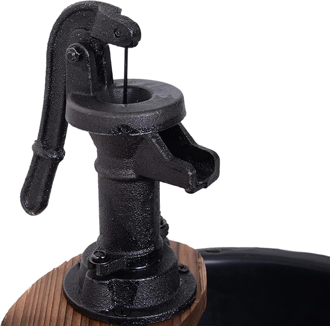 Outsunny 23" H Outdoor Water Fountain Wood and Plastic Rustic Apple Barrel Pump Garden Decor for Outside Backyard