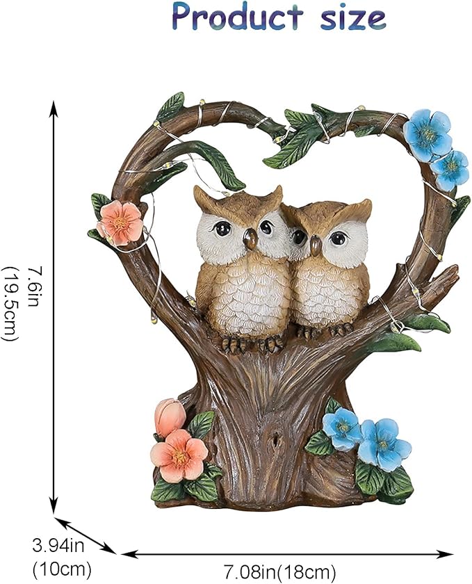 Owl Statue with Solar Lights Outdoor Decor, Resin Owls Figurines for Garden Patio Lawn Decorations, Christmas Birthday Gifts for Women Friends (7.6Inches)