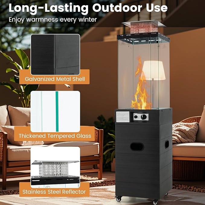 COSTWAY Outdoor Heater, 40,000 BTU Square Patio Propane Heater with Tempered Glass Tube, Protective Cover, Lockable Wheels, CSA Certified, Perfect for Porch Backyard Balcony Poolside, Black