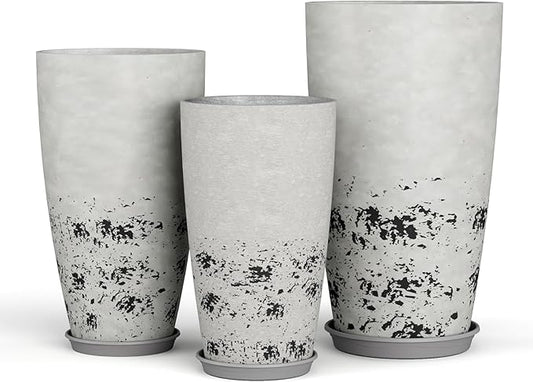 QCQHDU 24, 21, 18 inch Tall Planters for Outdoor Plants, with Drainage Hole & Saucer, Set of 3 Tall Outdoor Planter for Indoor & Outdoor Plants, Modern Home Decor