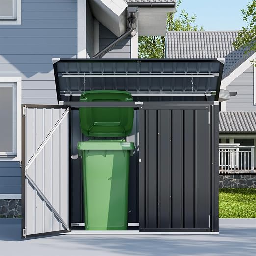 3'x5' Outdoor Trash Can Storage, Metal Storage Bike Shed, Waterproof Garbage Can Organizer with Chain Lid, Outdoor Storage Clearance for Patio, Garden, Backyard, Dark Grey - Image 7