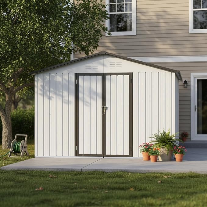 Ball & Cast 10x12 FT Sheds & Outdoor Storage,Metal Aluminum Garden Shed,with Punched Vents,Waterproof Cabinet w/Hinged Door and Padlock,Tool House for Storing Bicycles,Lawnmowers,Barbeques,White+Grey - Image 4