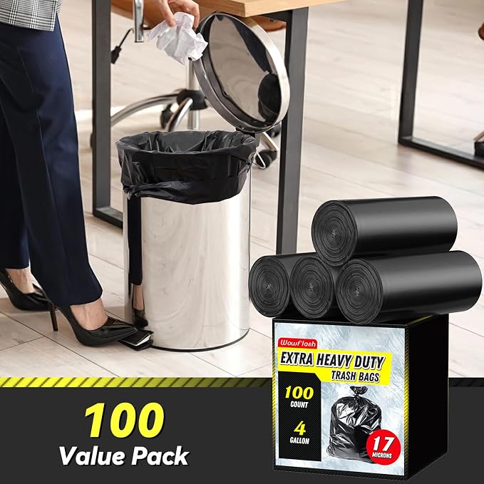 100 Count 17 Micron Extra Heavy Duty 4 Gallon Trash Bags, Sturdy & Tear-Resistant Small Trash Bags for Bathroom & Kitchen - Image 2