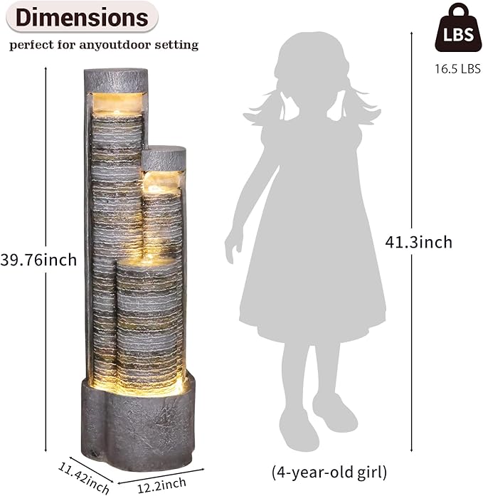 39.76" Tall Indoor Outdoor Water Fountain Modern Water Feature Stone-Textured Cascading Floor-Standing Fountains with Led Lights for Garden, Patio, Balcony, Yard, Office Home Art Decor