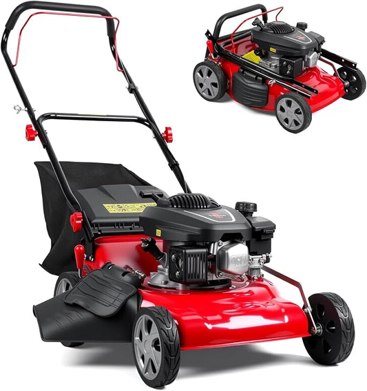 3-in-1 Self-Propelled Lawn Mower, 131cc Walk Behind Gas Lawn Mower with 50l Grass Catcher, Adjustable Cutting Height (25-75mm), Pushmower for Easy Maneuvering, Small to Medium Lawns (Red) by PERZOE