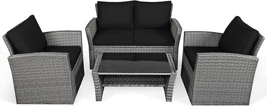COSTWAY 4 Pieces Patio Rattan Furniture Set, Outdoor Wicker Sofa Set with Tempered Glass Coffee Table, Cushions, All Weather Rattan Conversation Set for Yard Balcony Backyard Pool (Black)