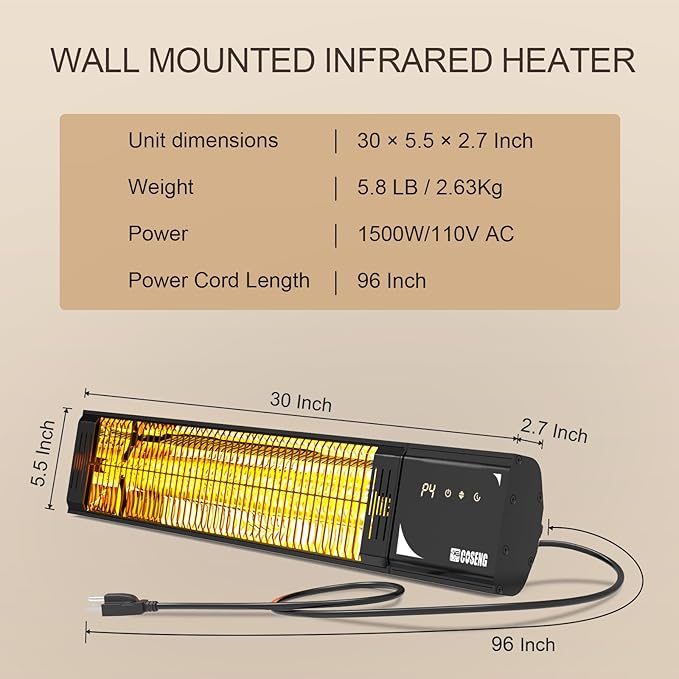 Outdoor Heaters for Patio 1500W, 3s Rapid Heating, IP65 Waterproof, 4 Heat Levels, 24H Timer & Memory Function, Touchscreen Electric Infrared Heater for Backyard, Garage, Deck, Black