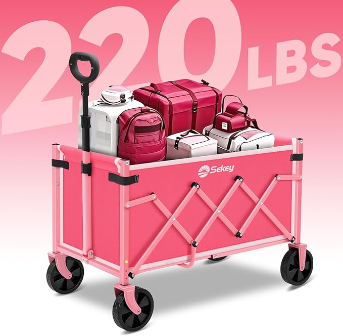 Sekey Wagon Cart with Wheels with 220LBS Capacity,Heavy Duty Wagon Carts Foldable,Lightweight Utility Portable Cart for Grocery, Shopping, Garden, Camping. Pink - Image 3