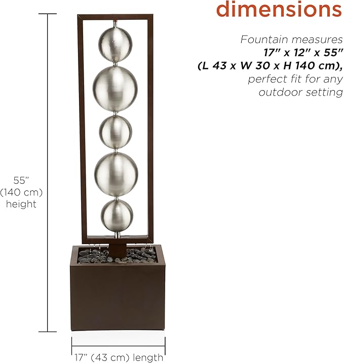 Alpine Corporation CPS194 Outdoor Modern Column Water Floor Fountain with Stainless Steel Orbs, 55" H, Brown