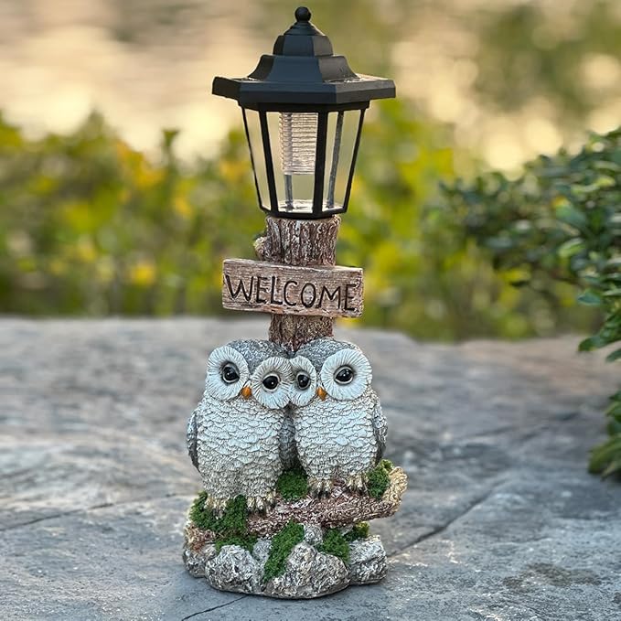 Outdoor Garden Owl Statue with Solar Lights, Owl Figure with Welcoming Sign,for Outdoor Landscapes, Courtyards, Paths,Outside Patio Lawn Decor，Gifts for Women, Owl Lovers