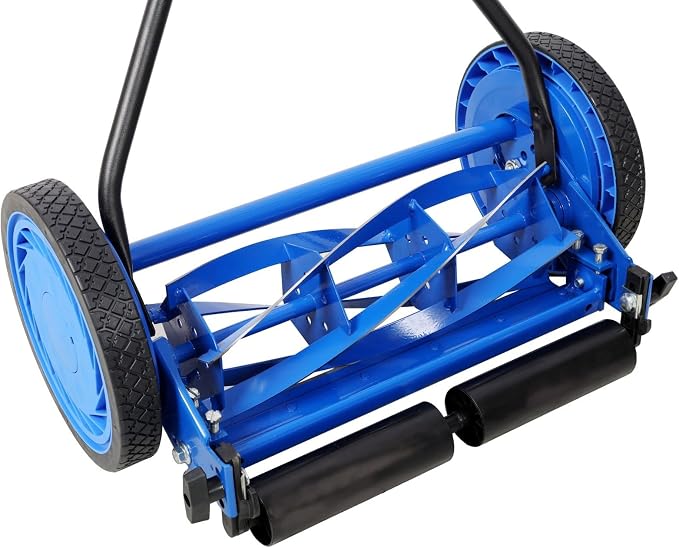 16 Inch Push Reel Lawn Mower with 5-Blade Ball Bearing System, Manual Walk Behind Mower, Heat-Treated Steel Blades, Adjustable Height 0.5-2.25 Inch, Blue - Image 4