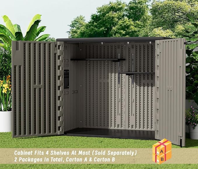KINYING Outdoor Horizontal Storage Sheds,Outdoor Storage Cabinet Waterproof Resin Tool Storage Box for Lawn Mower,Garden Tools and Patio Furniture, Lockable (Brown) - Image 8