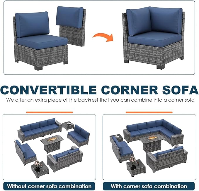13 Piece Patio Furniture Set with Fire Pit Table, Outdoor Conversation Sets Grey Wicker Rattan Sectional Sofa, 4'' Thickened Cushion Navy Blue