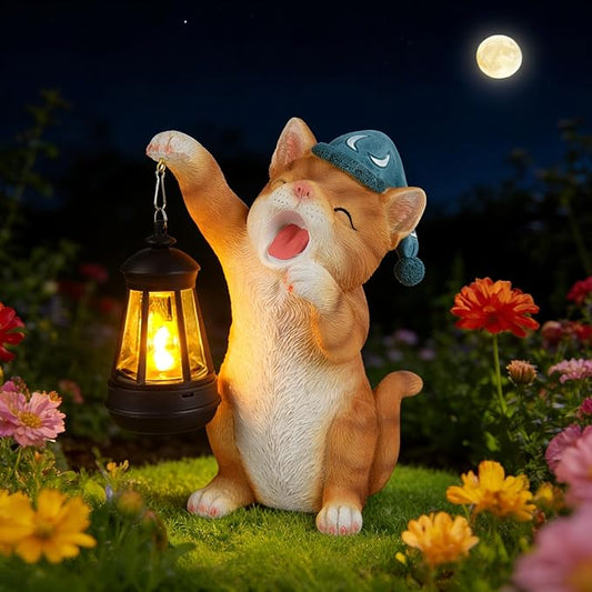 ILLUMINEW Solar Dragon Garden Statue with Lantern and Birds – Resin Dinosaur Figurine with LED Light for Yard, Outdoor Decor, Gifts for Mom, Women (Cat)