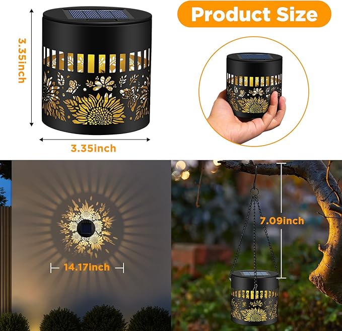 Forlivese 4 Pack Solar Lanterns Outdoor Waterproof, Sunflower Butterfly Garden Decor Gifts for Women Mom Grandma, Hanging Solar Fence Lights Metal Decoration Outside for Yard, Patio, Backyard, Porch