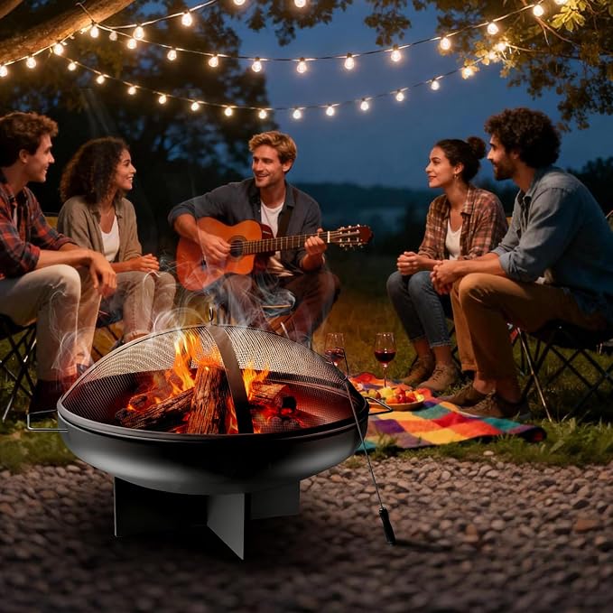 24 Inch Fire Pit for Outside Outdoor Wood Burning Firepit Bowl Heavy Duty Steel Bonfire Pit for Patio Backyard Camping Deck with Spark Screen, Log Grate & Poker - Image 6