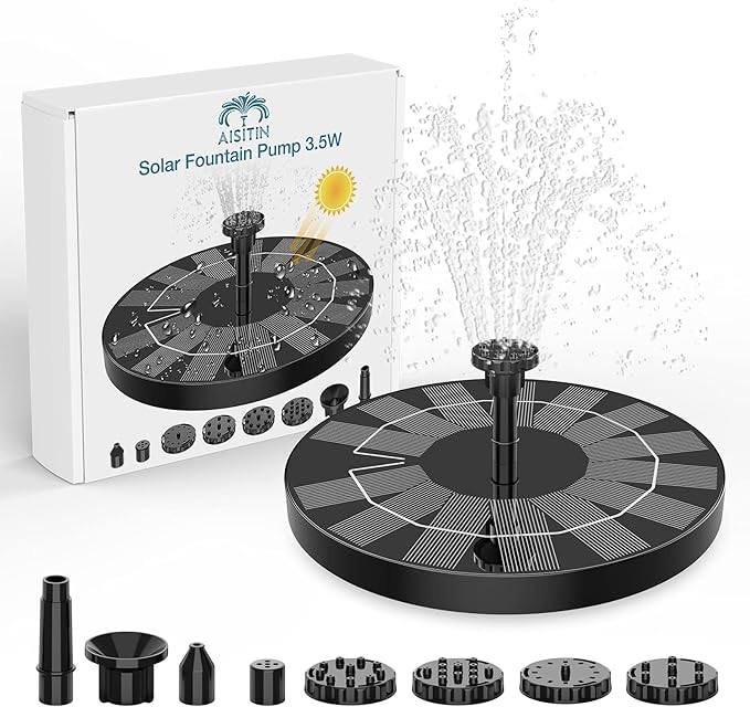 AISITIN 3.5W Solar Bird Bath Fountain Pump, Solar Fountain Pump for Bird Bath with 6 Nozzles, Solar Powered Water Fountain Pump for Garden, Ponds, Pool, Fish Tank, Aquarium and Outdoor, Black